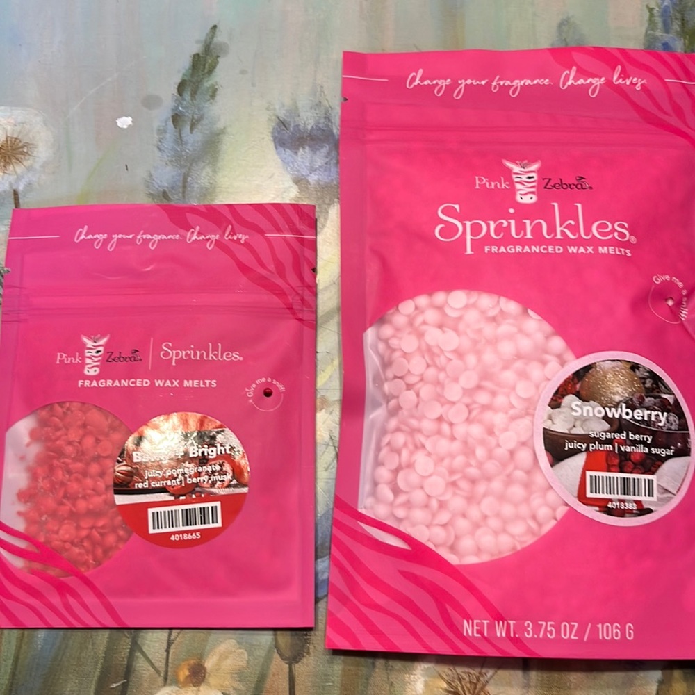 Pink zebra wax melt sprinkles. Full size with a sample.